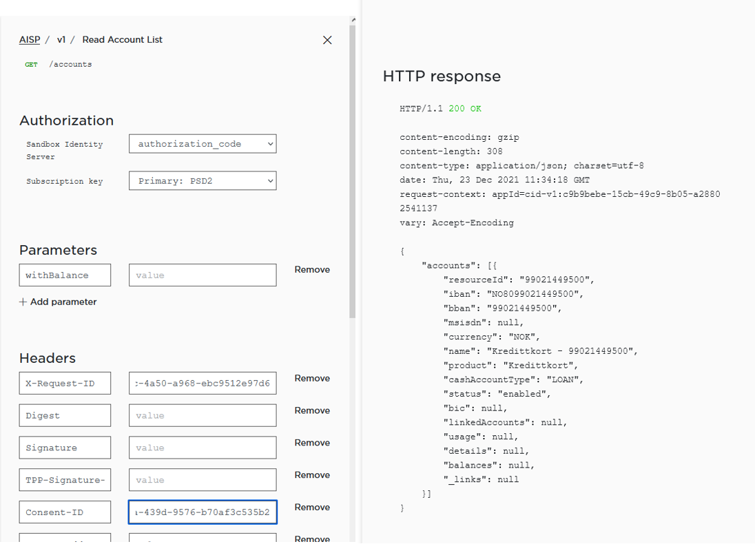 List Accounts GET request and response